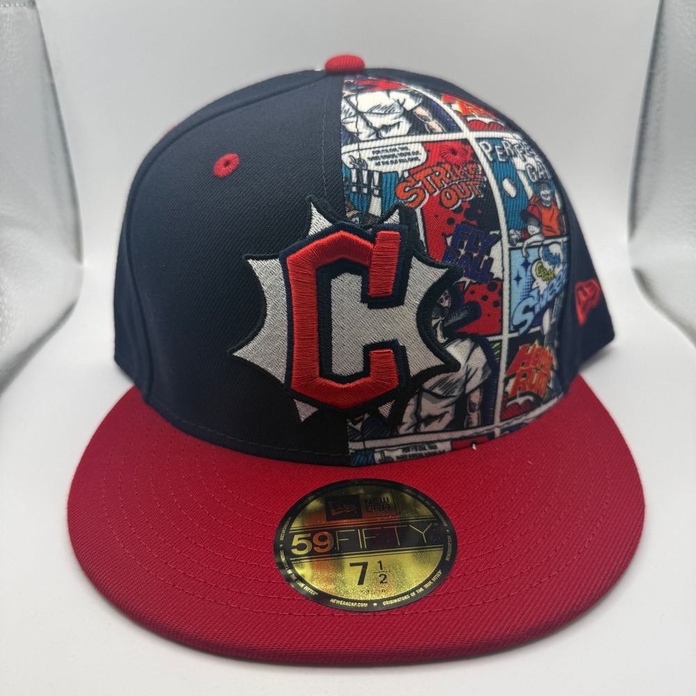 New Era 59FIFTY Cleveland Guardians Comic Book Hat 7 1/2 Navy Red Fitted Cap